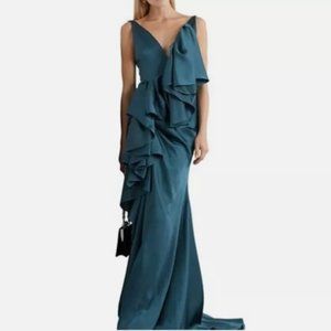 Solace London Deep Jade Ruffle Spaghetti Strap Satin Gown